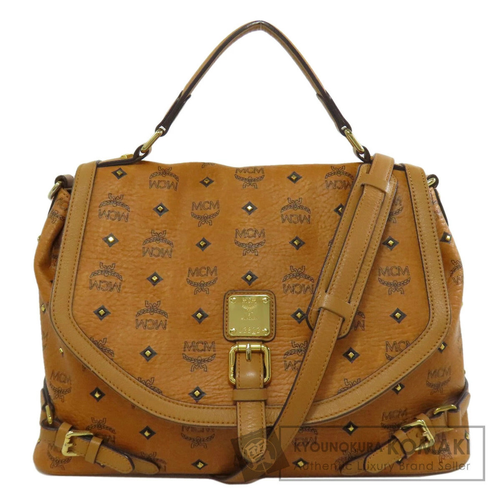 MCM Visetos studded top handle satchel bag cognac leather Brown